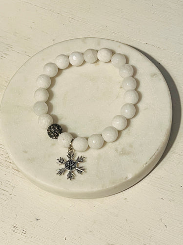 10mm Faceted Jade White Pave Snowflake Bracelet