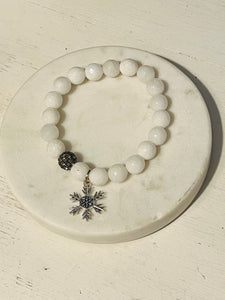 10mm Faceted Jade White Pave Snowflake Bracelet