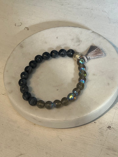 Labradorite and Gray Czech Glass Druk Bead Bracelet