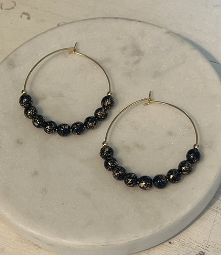 Black and Gold Speckle Czech Glass Hoop Earrings