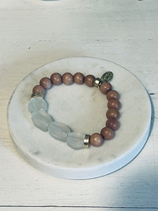 Translucent White Sea Glass and Rosewood with African Brass
