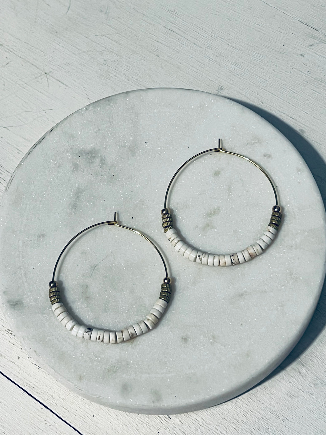 White Turquoise and Brass Hoop Earrings