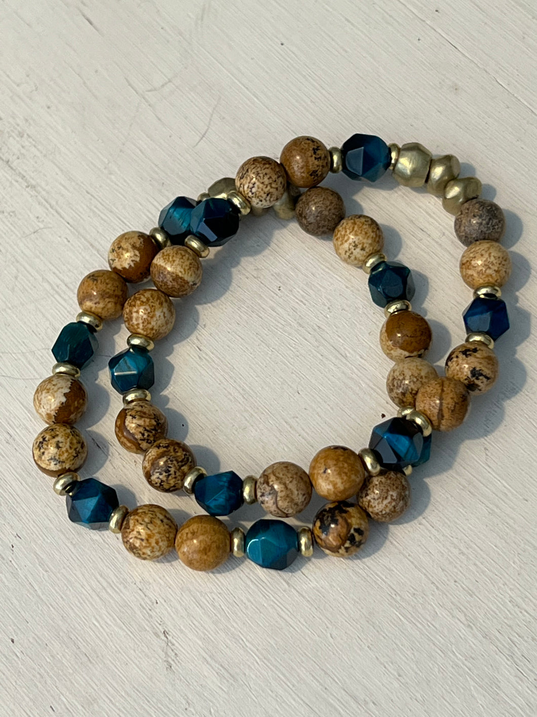 8mm Picture Jasper and Blue Tiger Eye  Tranquility Stacking Bracelet