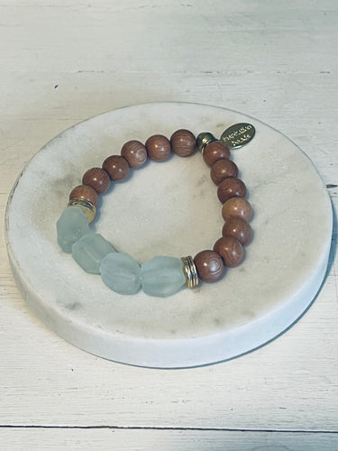 Translucent Aqua Sea Glass and Rosewood with African Brass