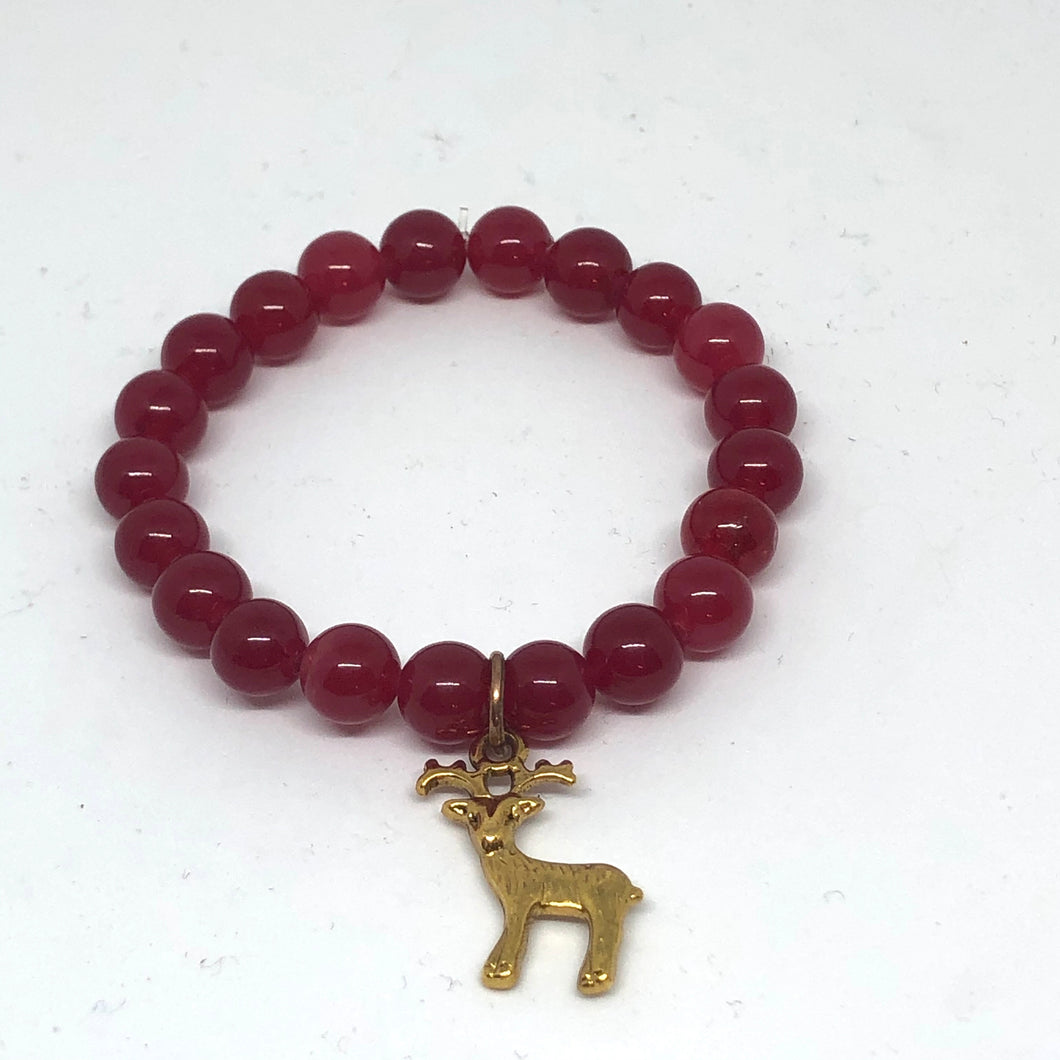 8mm Red Jade with Golden Reindeer