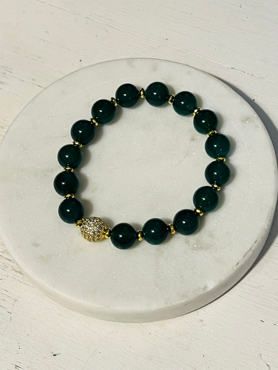 10mm Green Agate and Gold Hematite Pave Bracelet