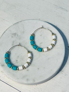 Turquoise & White Clay Polymer Hoop Earrings
