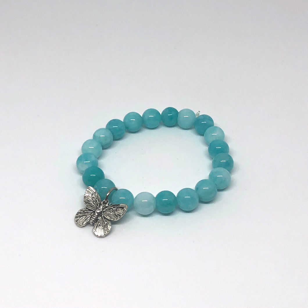 8mm Aqua Jade with Silver Butterfly