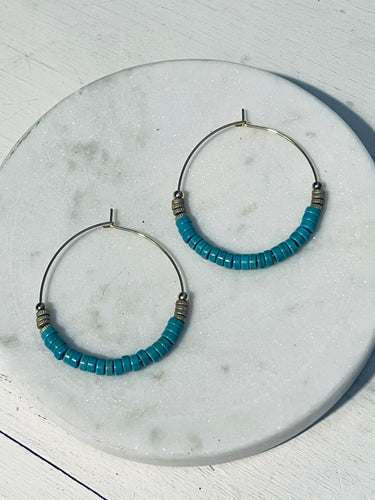 Turquoise and Brass Hoop Earrings