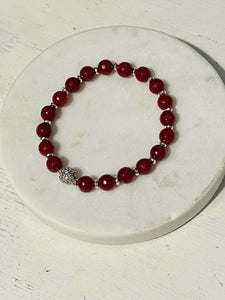 8mm Red Jade and Silver Hematite Pave Bracelet