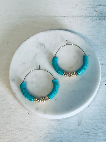 Deep Aqua Heishi Hoop Earrings