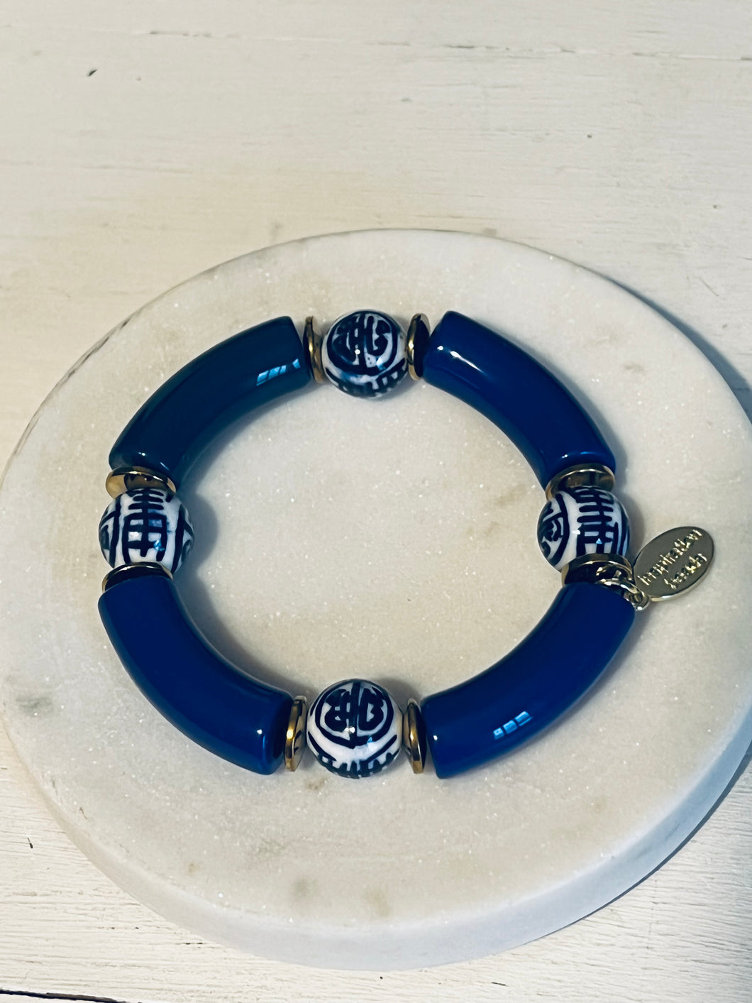 Royal Blue and Chinoiserie Bead Tube Bracelet