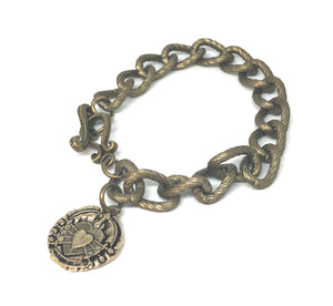 Antique Brass Chain Link Bracelet with Immaculate Heart of the Seven Sorrows Medal