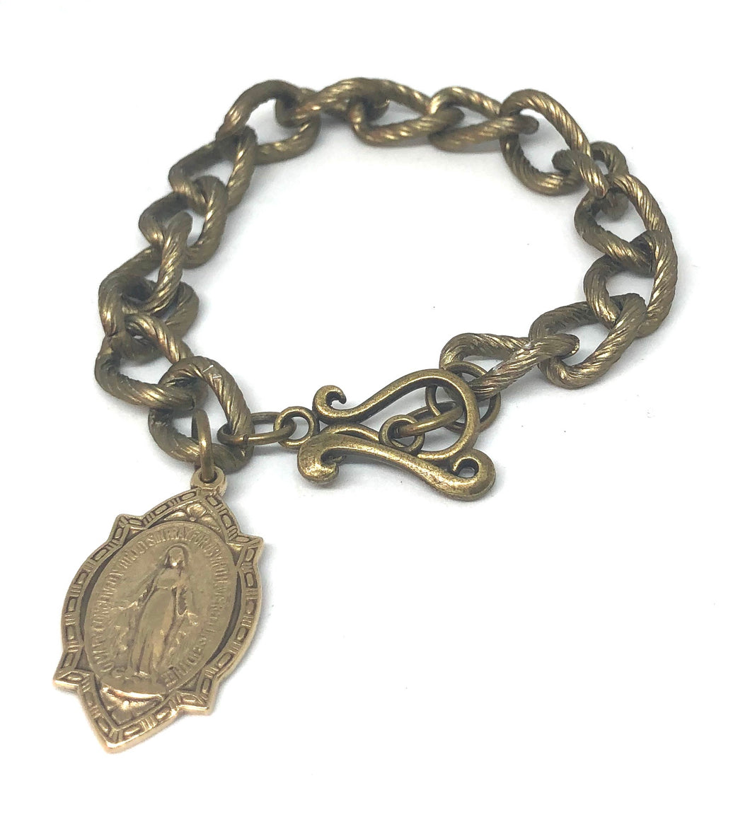 Antique Brass Chain Link Bracelet with Blessed MothervMedal