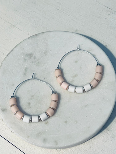 Pale Pink & White Clay Polymer Hoop Earrings