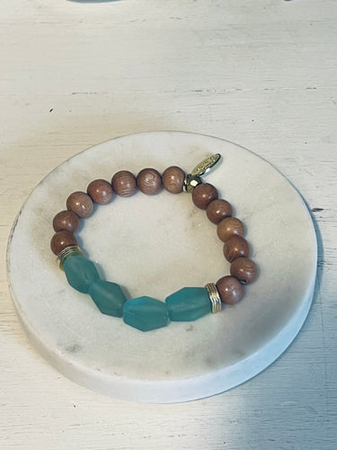 Sea Green Sea Glass and Rosewood with African Brass