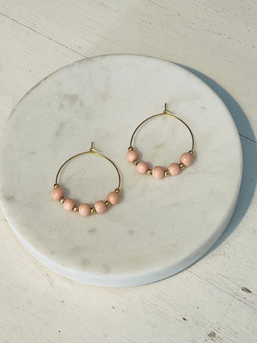 Pale Pink Wood and Gold Seed Bead Mini Hoop Earrings