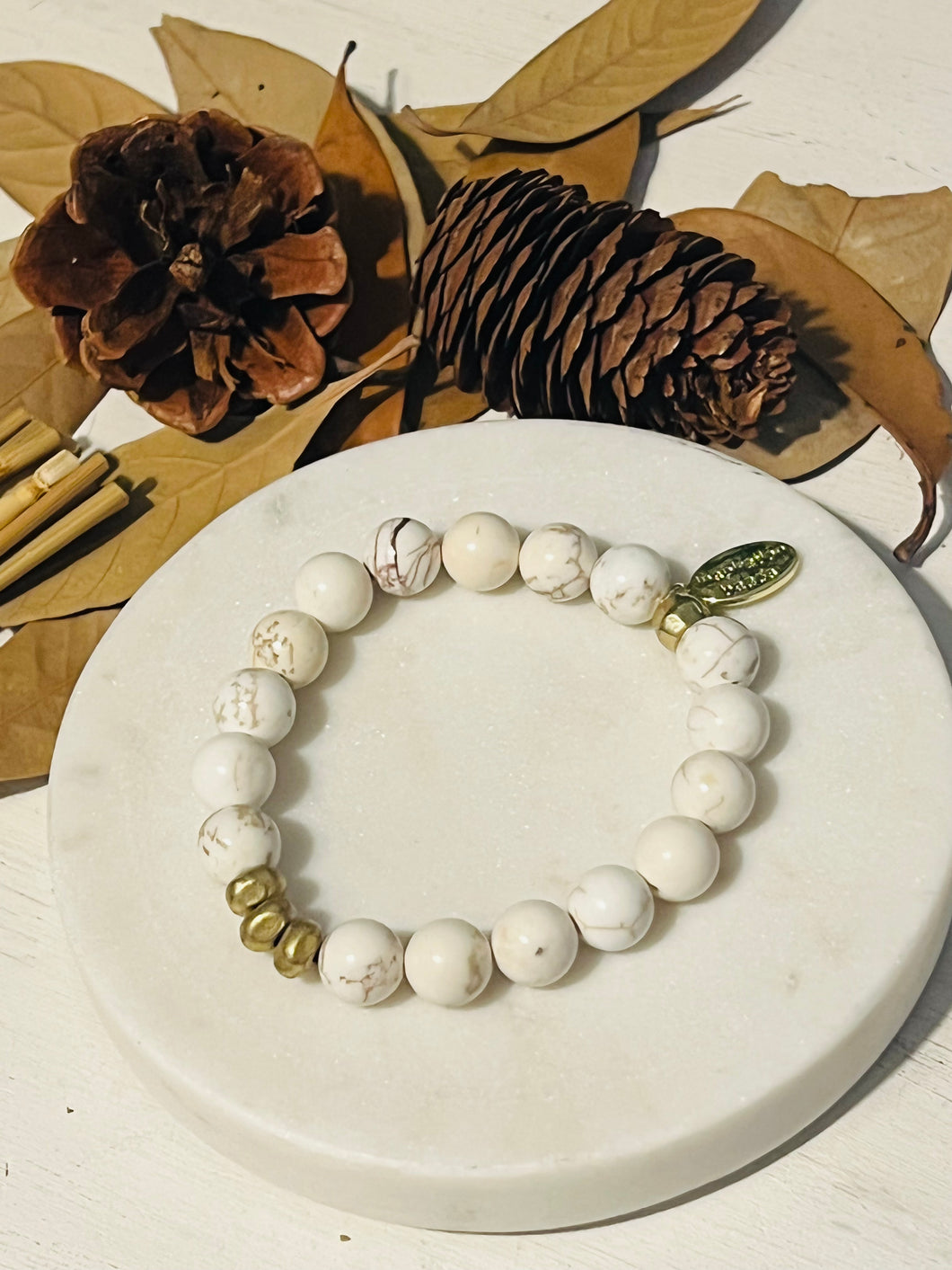 White Turquoise Layering Bracelet with African Brass Nugget Trio