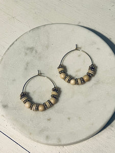 Neutral Wood and Clay Heishi Mini Hoop Earrings