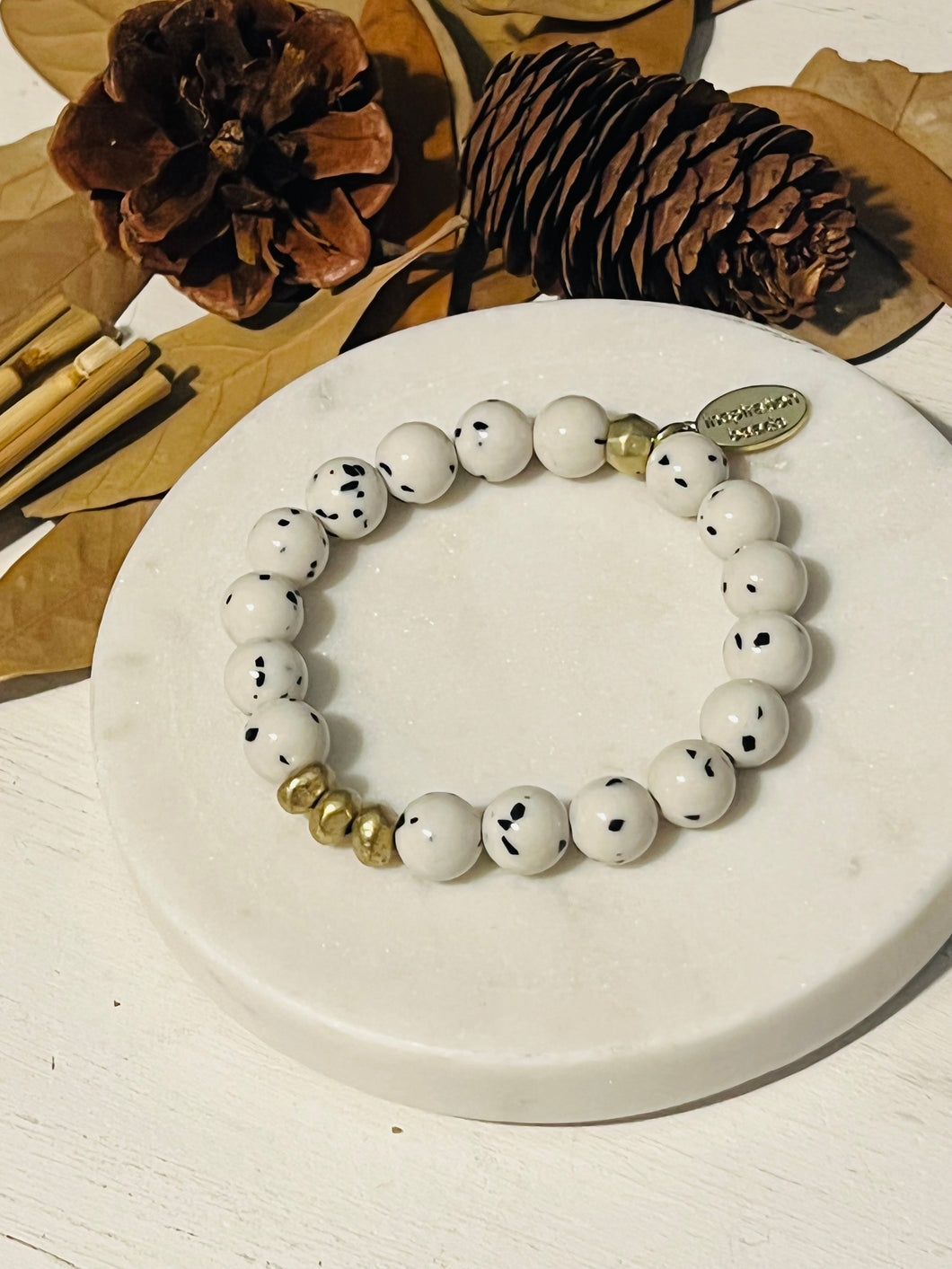 Dalmatian Jade Layering Bracelet with African Brass Nugget Trio