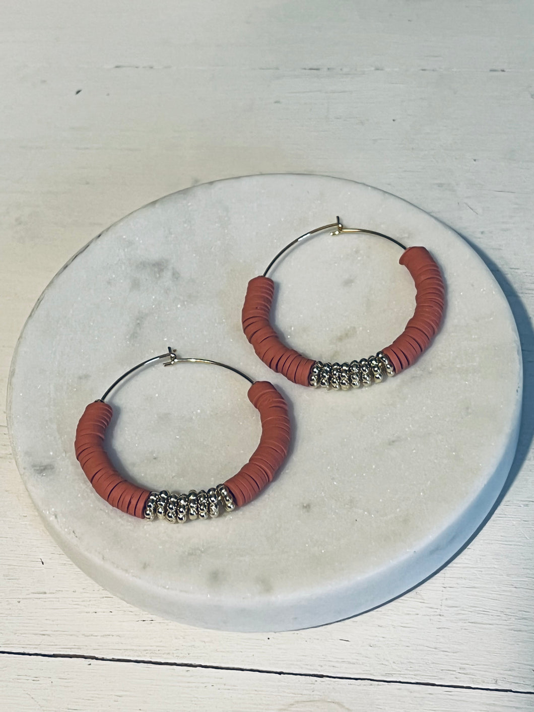 Dark Rose Heishi Hoop Earrings