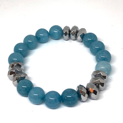 Aquamarine Jade and Silver Hematite Bracelet