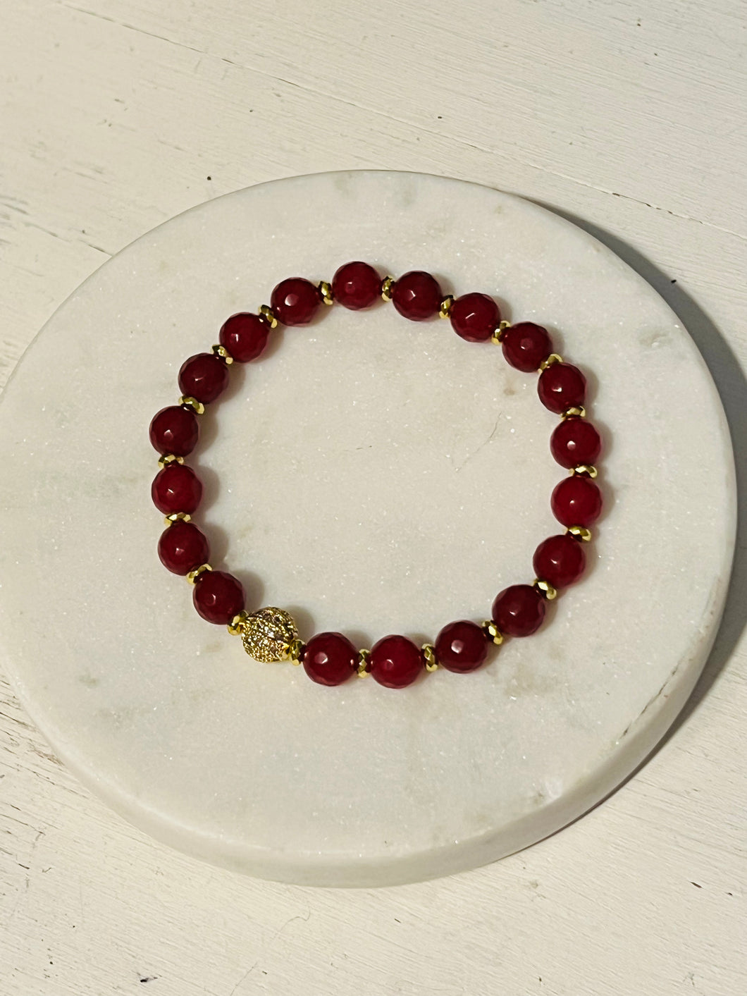 8mm Red Jade and Gold  Hematite Pave Bracelet
