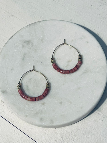 Rhodonite and Brass Mini Hoop Earrings