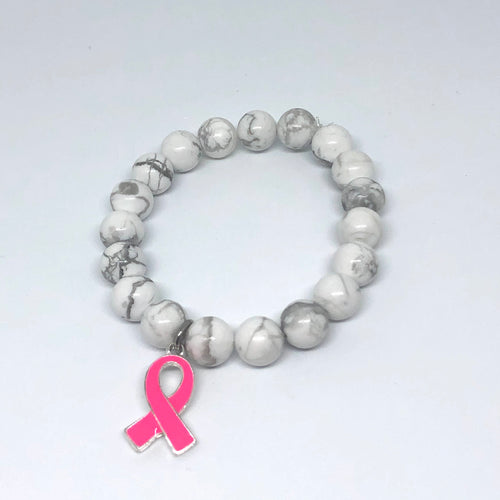 10mm White Howlite with Breast Cancer Awareness Ribbon Medal