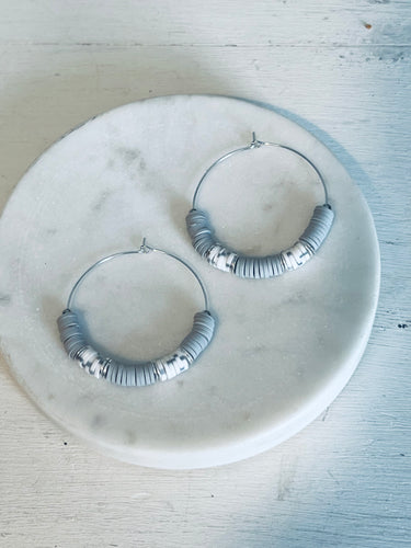 Gray/White Heishi Hoop Earrings