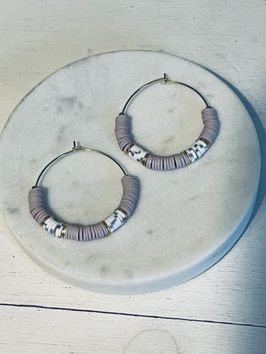 Lavender Speckle Heishi Hoop Earrings