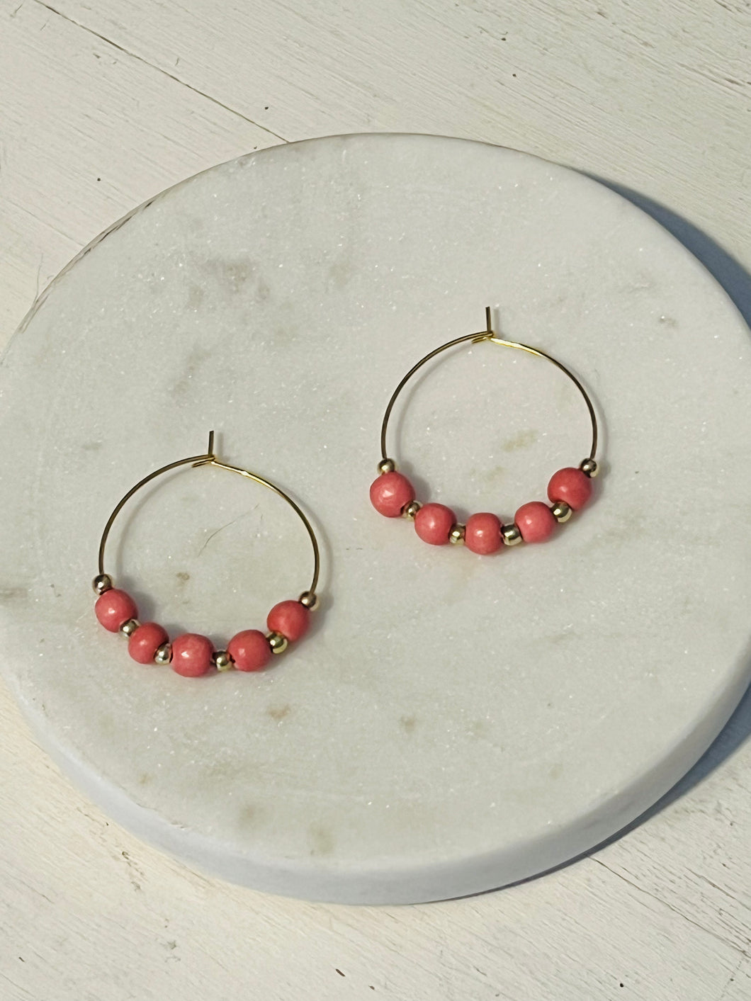 Pink Wood and Gold Seed Bead Mini Hoop Earrings