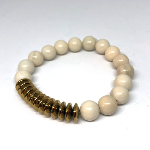 Cream Jade and Gold Hematite Free Spirit Layering Bracelet