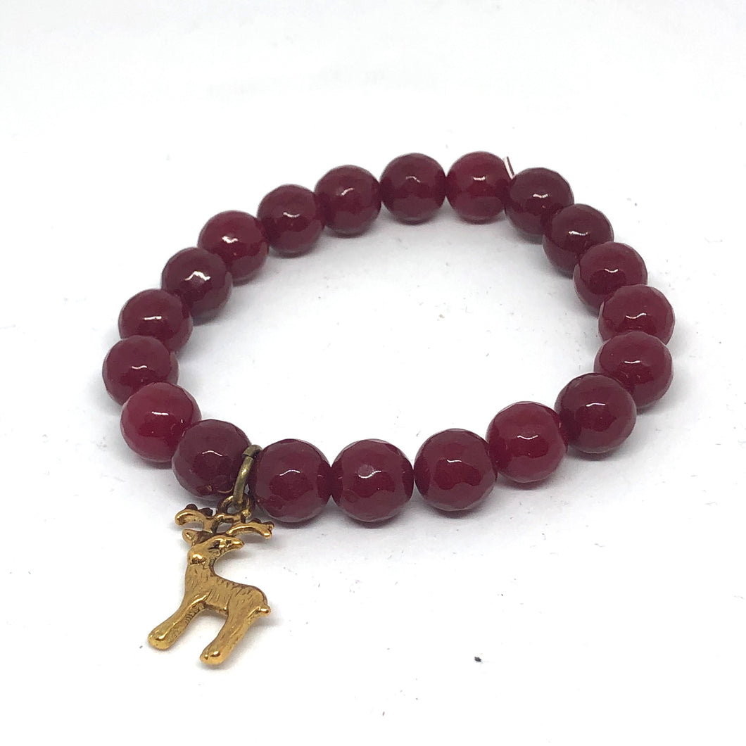 10mm Faceted Ruby Jade with Golden Reindeer