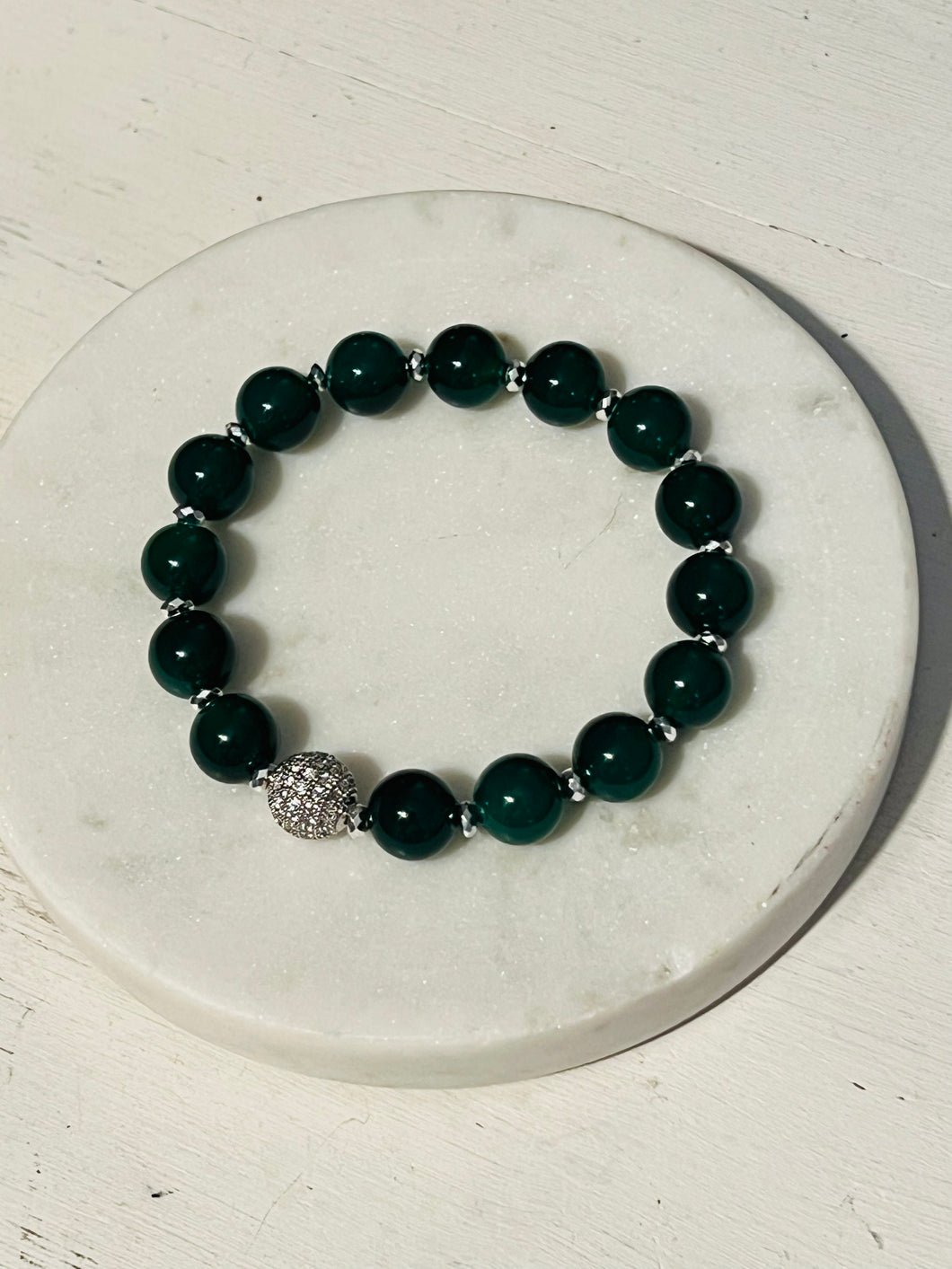 10mm Green Agate and Silver Hematite Pave Bracelet